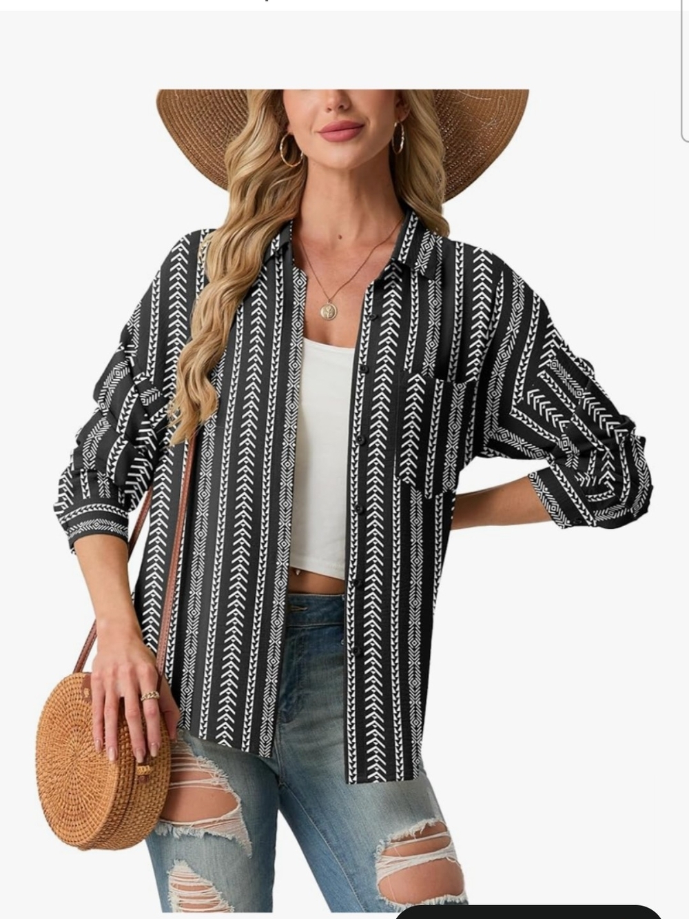 Black & White Striped Chevron Button-Down Shirt - Women